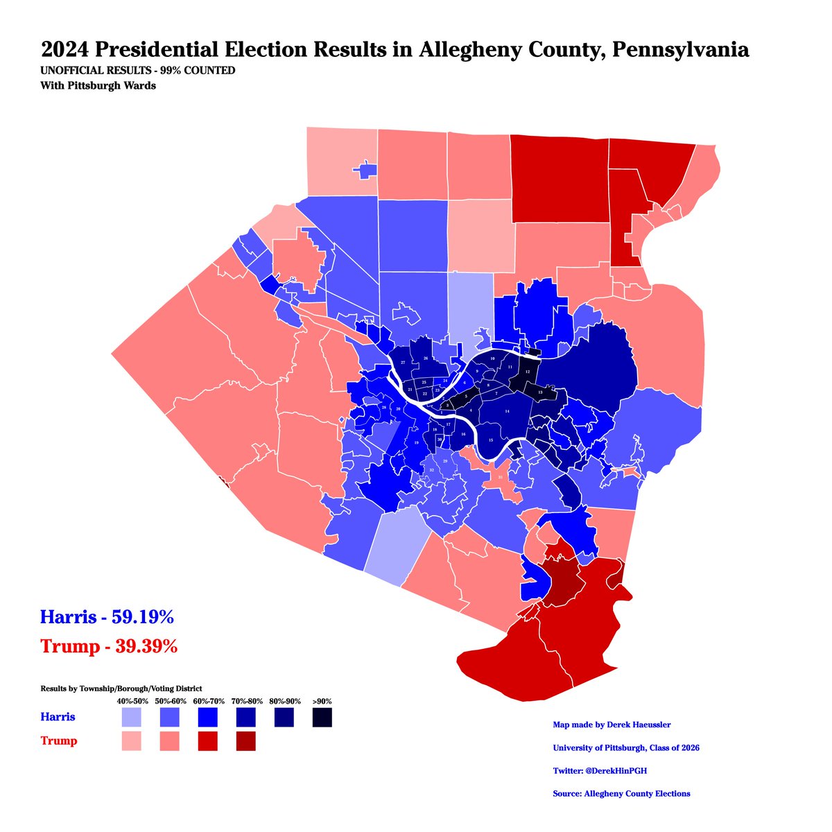 DerekHinPGH's tweet image. The map shows a slight change in coalition in Allegheny. Harris was able to flip Shaler + Bethel Park, but lost Marshall + fell below 40% in Jefferson Hills. 
Otherwise, Harris seems to have matched Biden's numbers or do slightly below them elsewhere. Also included are PGH Wards.