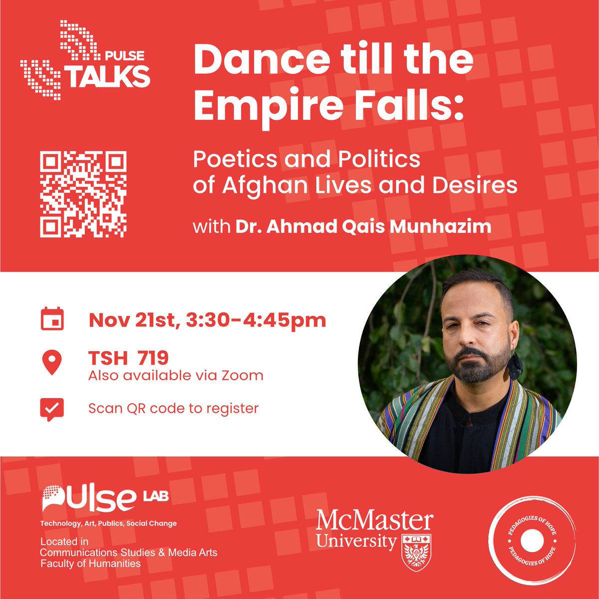 PulseLab1's tweet image. Pulse Talks: Dance till the Empire Falls

Join us Nov 21, 3:30–4:45 PM for Dr. Ahmad Qais Munhazim&apos;s workshop on Afghan resistance through dance, poetry &amp;amp; community.  

📍 Pulse Lab 
🍴 Refreshments
🔗 RSVP here: forms.office.com/r/Q6cCkkzZJC

See you there!

#PulseTalks #PulseLab