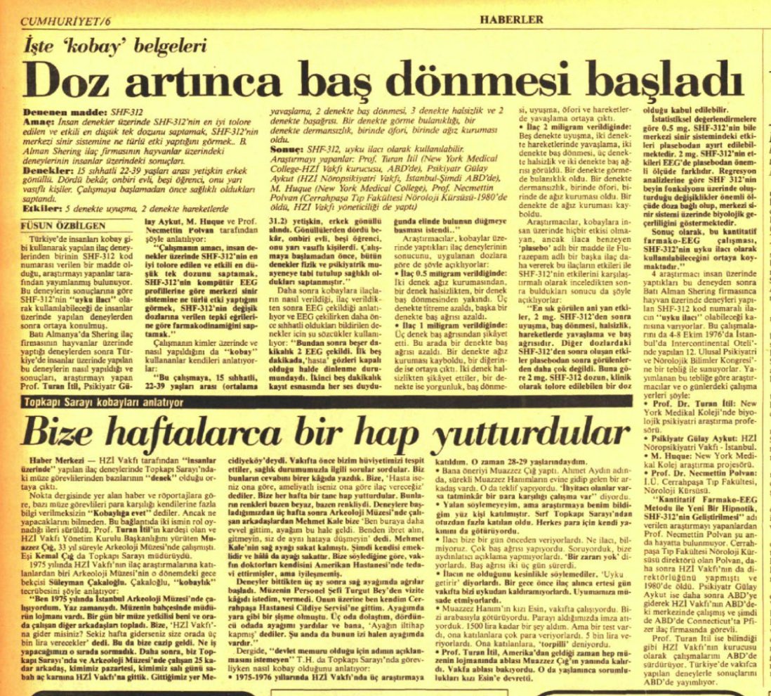 1- Muazzez İlmiye Çığ’ın başkanı olduğu HZİ Vakfı’nda kardeşi Prof. Turan İtil’in yaptığı insan deneyleriyle ilgili olarak <a href="/cumhuriyetgzt/">Cumhuriyet</a>’te yayımlanan belgeler.

18 Mart 1985