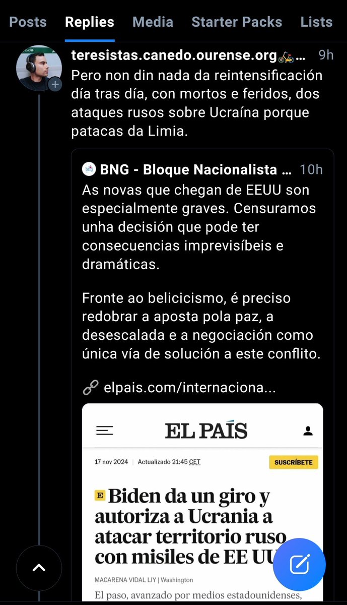 <a href="/CallahandeOu/">Callahan de Ou</a> <a href="/troleadagalega/">troleadagalega</a> <a href="/m4rkhoz/">marcos_🚲_horrOrense🚋🏳️‍🌈🇺🇦🇵🇸</a> <a href="/obloque/">BNG - Bloque Nacionalista Galego</a> <a href="/Bonmatweet/">Alejandro</a> <a href="/NestorRego/">Néstor Rego</a> A ración diaria de "criteka politeka" ó <a href="/obloque/">BNG - Bloque Nacionalista Galego</a> de <a href="/m4rkhoz/">marcos_🚲_horrOrense🚋🏳️‍🌈🇺🇦🇵🇸</a>!!!

🤗🤗🤗🤩🤩🤩😍😍😍

Cada día máis #TRESTRISTESTUITERS!!!!

🤢🤢🤢🤣🤣🤣🤯🤯🤯

(Postdata: Viva la OTAN!!!💐🌹🥀🌷🌺🌸🏵️🌻🌼💮)