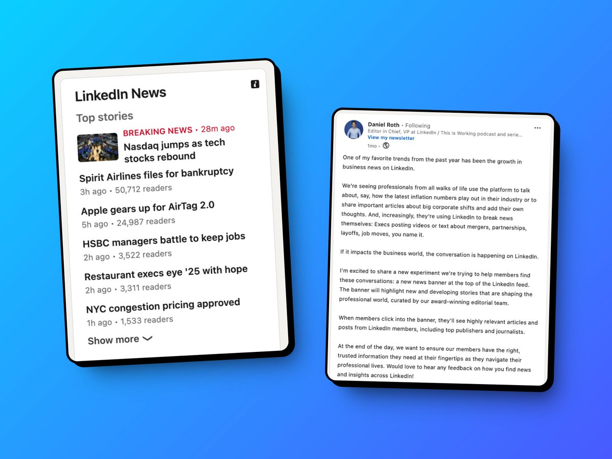 LindseyGamble_'s tweet photo. While many platforms are moving away from news content, LinkedIn is diving deeper into it. 

The latest... a new 'Breaking News' label for Top Stories for LinkedIn News.

This is likely related to the news banner it's experimenting with to highlight new/developing stories. https://t.co/eRwMDj6dUJ