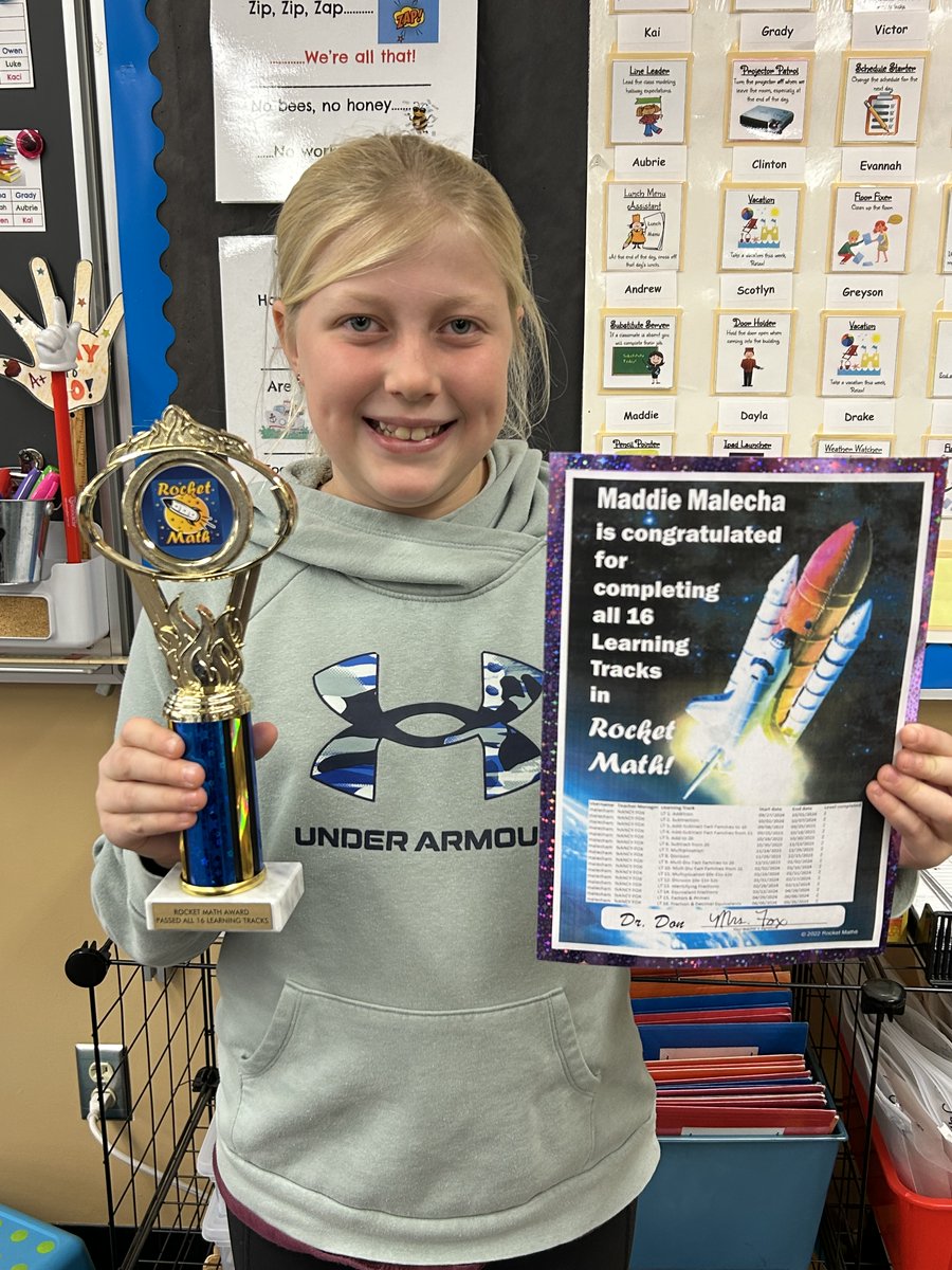 Congratulations to Spring Creek student Maddie Malecha, who completed all 16 levels in Rocket Math and earned her trophy!