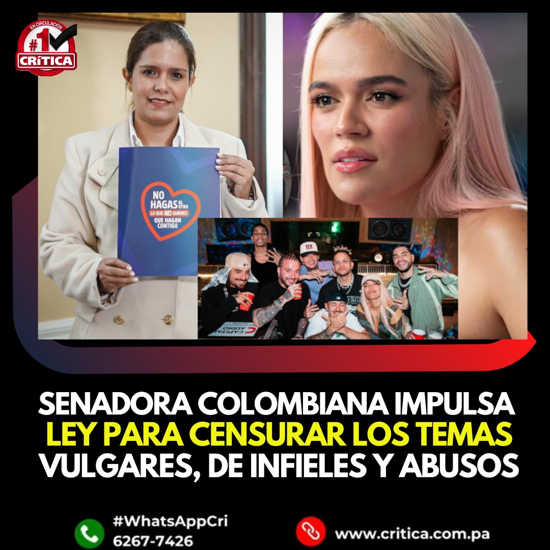 criticaenlinea's tweet photo. #MundoCri Karina Espinosa, una senadora del partido Liberal, presentó un proyecto de ley en el Congreso de Colombia, con el que busca eliminar las letras de las canciones que hagan apología a la explotación sexual de menores o al consumo excesivo de sustancias.

https://t.co/Lv8cNae7jC