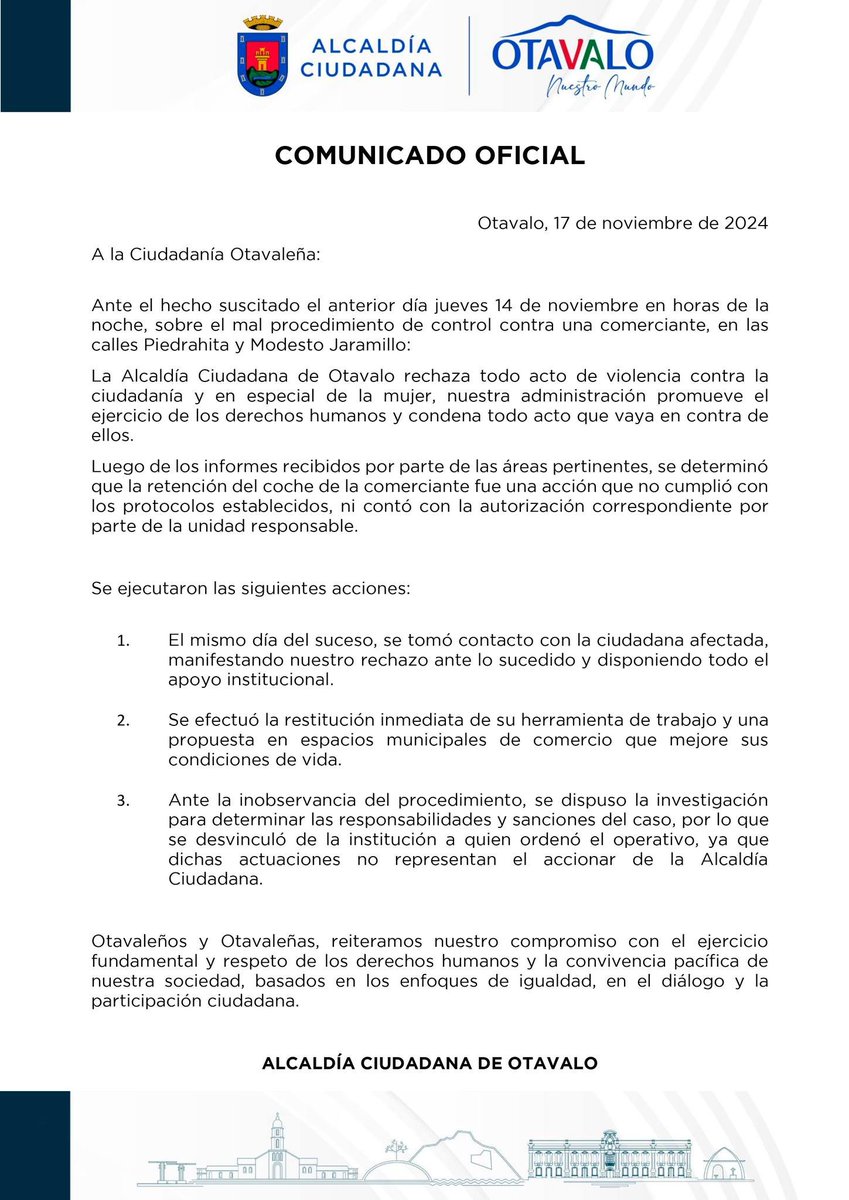 GADOtavalo's tweet photo. 𝗖𝗢𝗠𝗨𝗡𝗜𝗖𝗔𝗗𝗢 𝗢𝗙𝗜𝗖𝗜𝗔𝗟 de la Alcaldía Ciudadana de Otavalo, sobre hecho suscitado el jueves 14 de noviembre en la calle Piedrahíta y Modesto Jaramillo de la ciudad.

#OtavaloCiudadDeDerechos https://t.co/Ws4aK01lEW
