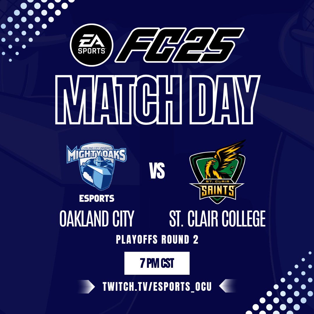 ⚽️ ROUND 2 IS HERE! ⚽️

Join us tonight as we take on St. Clair College in Round 2 of ECAC Esports EA FC 25 Playoffs!

📅 Round 2 Kickoff: Tonight at 7 PM
📺 Watch live on Twitch: twitch.tv/esports_ocu

#eSports #EAFC25 #gomightyoaks