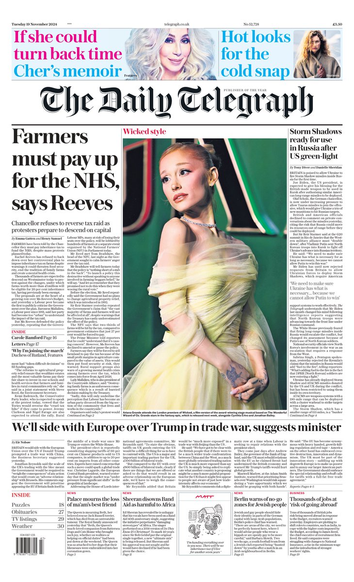 The front page of tomorrow's Daily Telegraph:

'Farmers must pay up for the NHS, says Reeves'

#TomorrowsPapersToday

Sign up for the Front Page newsletter
telegraph.co.uk/frontpage-news…