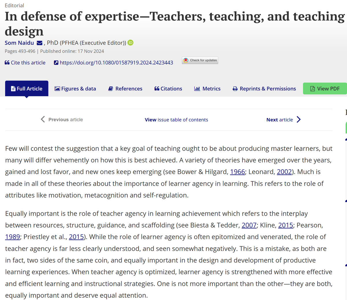 In defense of expertise—Teachers, teaching, and teaching design
By Som Naidu <a href="/sommnaidu/">Som Naidu</a>
tandfonline.com/doi/full/10.10…