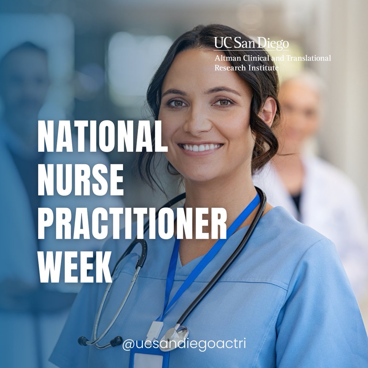 ucsdactri's tweet image. It's National #NursePractitionerWeek! 🌟 NPs handle over 1 billion patient visits yearly, improving healthcare access and outcomes. At ACTRI, we’re thankful for their dedication to research and care.  Tag your favorite #NP to show your appreciation! 💙
 #HealthcareHeroes #UCSD