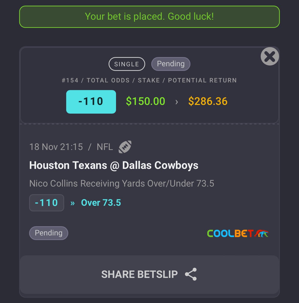 owenturner_'s tweet photo. Here is my analyse for an #NFL play I LOVE  tonight on #MNF between the #Texans and #Cowboys ⬇️ 

#NicoCollins Over 73.5 Rec yards https://t.co/ksrKt4ReEJ