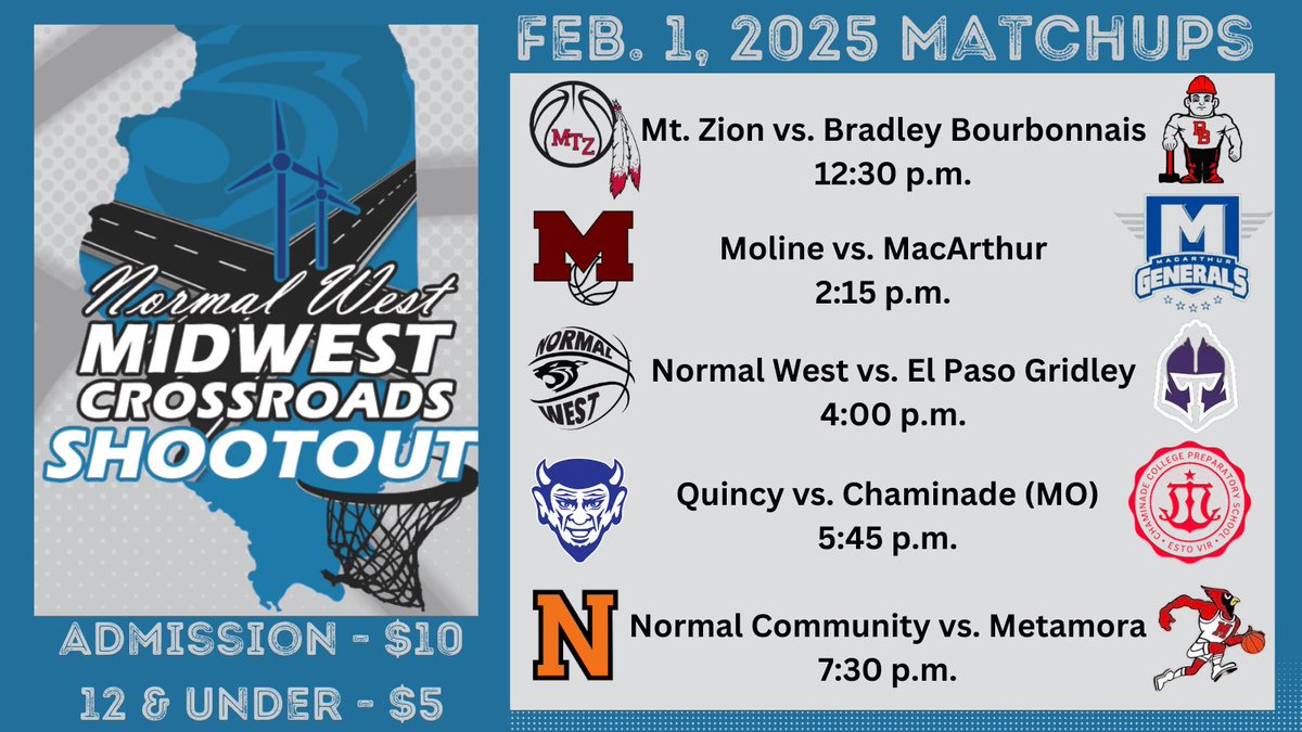 🏀🚨Excited to share the matchups for the Midwest Crossroads Shootout on February 1st! It’s going to be an amazing day of hoops at Normal West High School!