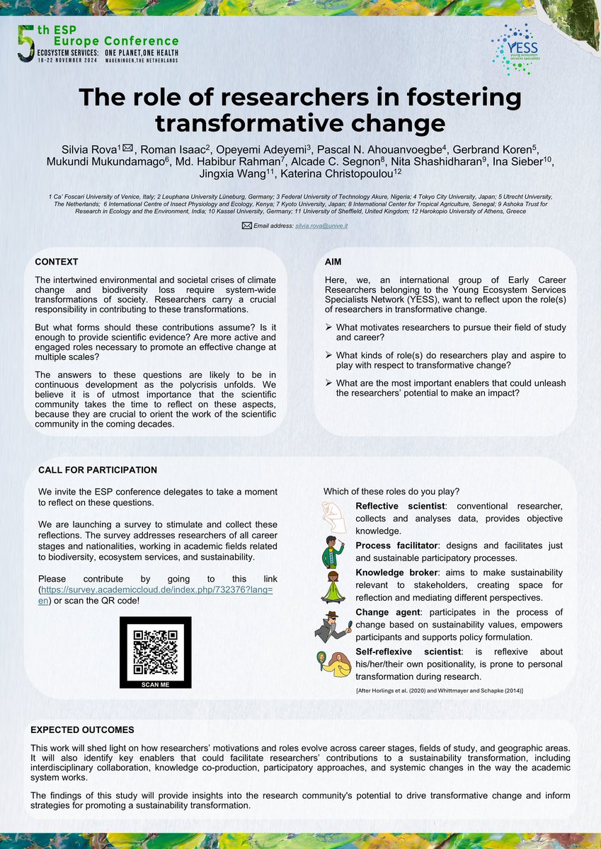 Silvia Rova (@rovasilvia) on Twitter photo Excited to launch our <a href="/YESS_Network/">YESS</a> initiative at the <a href="/ESPartnership/">Ecosystem Services Partnership</a> Europe Conference 2024!
The role of researchers in fostering transformative change: a survey to invite researchers to reflect upon their role in fostering transformative change survey.academiccloud.de/index.php/7323… Excited to launch our <a href="/YESS_Network/">YESS</a> initiative at the <a href="/ESPartnership/">Ecosystem Services Partnership</a> Europe Conference 2024!
The role of researchers in fostering transformative change: a survey to invite researchers to reflect upon their role in fostering transformative change survey.academiccloud.de/index.php/7323…