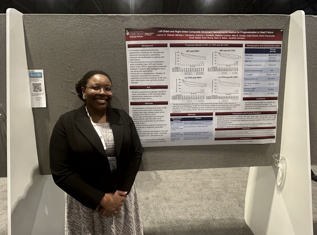 Dr. Joanna Obaoye presenting a poster from <a href="/JonGrinsteinMD/">Jon Grinstein MD</a> and our group on use of advanced hemodynamics for prognosis at #AHA24

API and LV-CPO were associated with 2-year prognosis in patients with HF presenting for RHC, and there was some added discrimination from RV-CPO