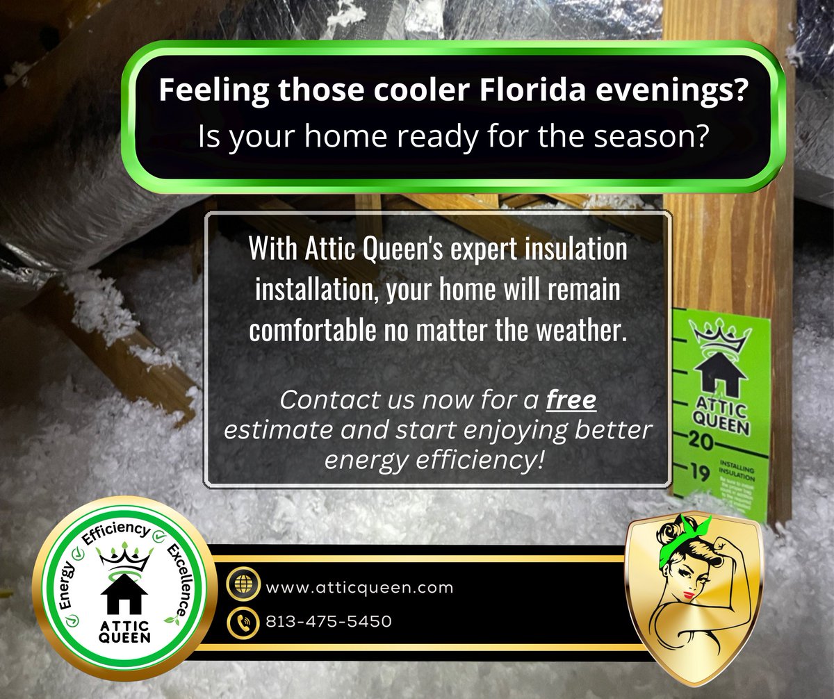 attic_queen's tweet photo. 🌴 Feeling those cooler Florida evenings? 🌴 Get your home ready with Attic Queen! We specialize in top-notch insulation services to keep your home comfortable year-round. Contact us for a free estimate and enjoy better energy efficiency!  https://t.co/wMbasoWgrd| 813-475-5450 https://t.co/WpnsdeDwre