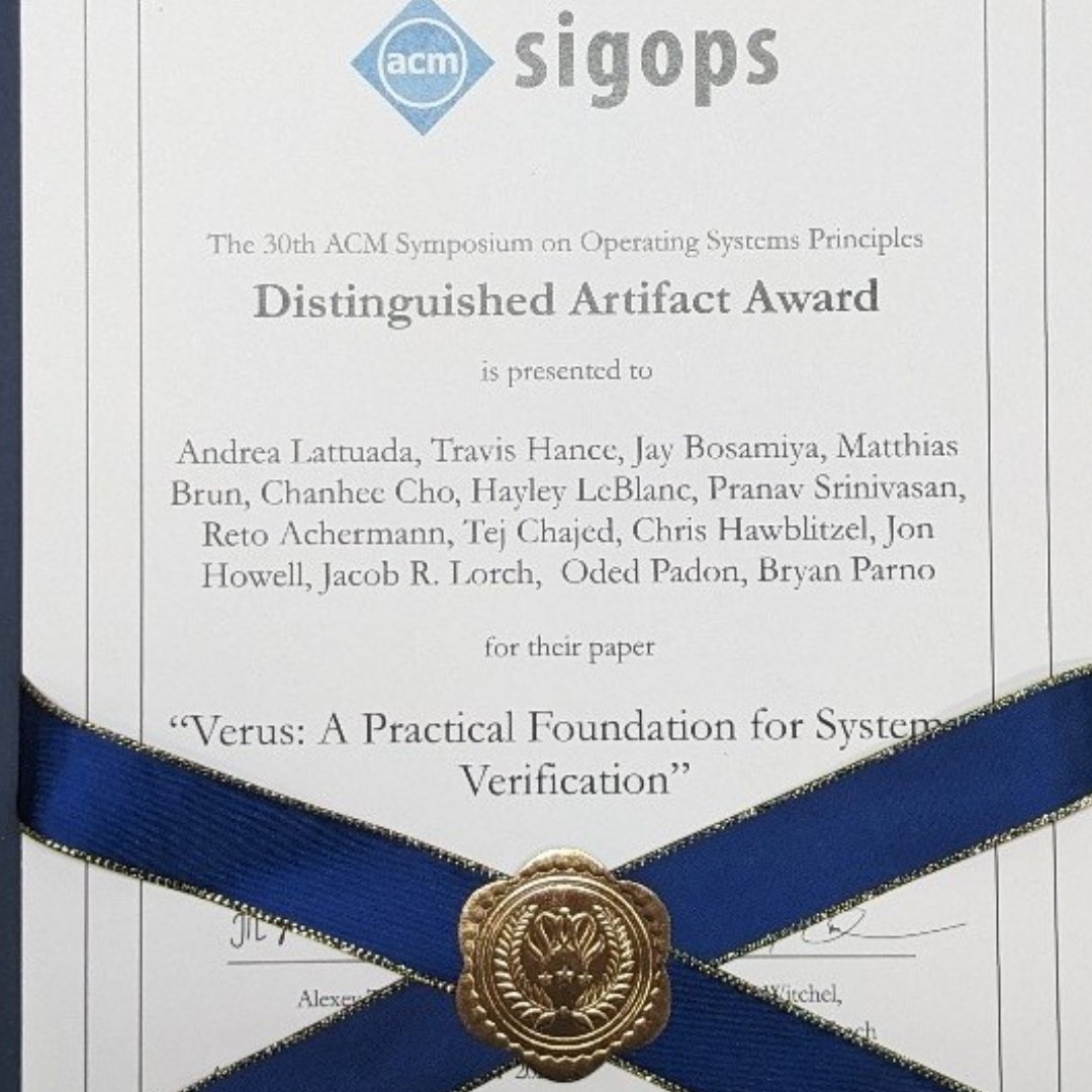 UBC Computer Science (@ubc_cs) on Twitter photo The Rust verification tool Verus, developed by a team of researchers including our Dr. Achermann, earned a Distinguished Artifact Award at SOSP ’24. Congratulations to all!
ow.ly/E4wv50U9wV1
#Verification #SoftwareDevelopment <a href="/achreto/">Reto Achermann</a> <a href="/MSFTResearch/">Microsoft Research</a> <a href="/UBC_Systopia/">Systopia Lab</a> @UBCScience The Rust verification tool Verus, developed by a team of researchers including our Dr. Achermann, earned a Distinguished Artifact Award at SOSP ’24. Congratulations to all!
ow.ly/E4wv50U9wV1
#Verification #SoftwareDevelopment <a href="/achreto/">Reto Achermann</a> <a href="/MSFTResearch/">Microsoft Research</a> <a href="/UBC_Systopia/">Systopia Lab</a> @UBCScience