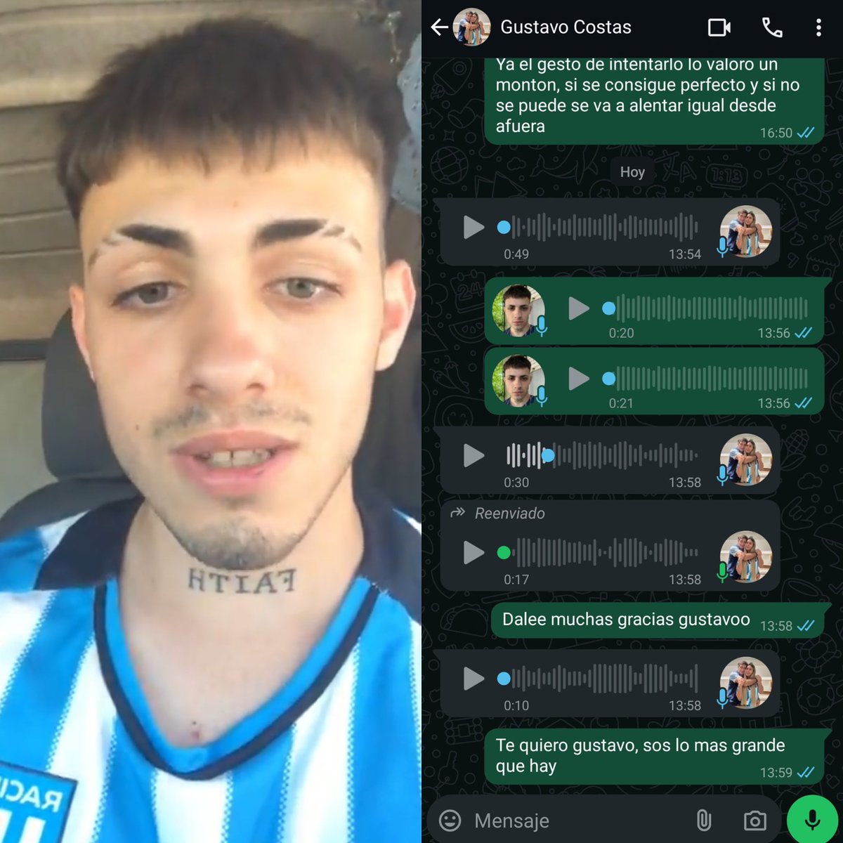 AtaqueFutbolero's tweet photo. Él es Alejo, un hincha fanático de Racing, que está yendo como mochilero hacia Paraguay, caminando y haciendo dedo en la ruta.

No tenía entrada para la final de la Sudamericana, hasta que su historia le llegó a Gustavo Costas.

Y sí, el propio DT le aseguró un lugar en Asunción.

Qué hermoso… ❤️🥹
