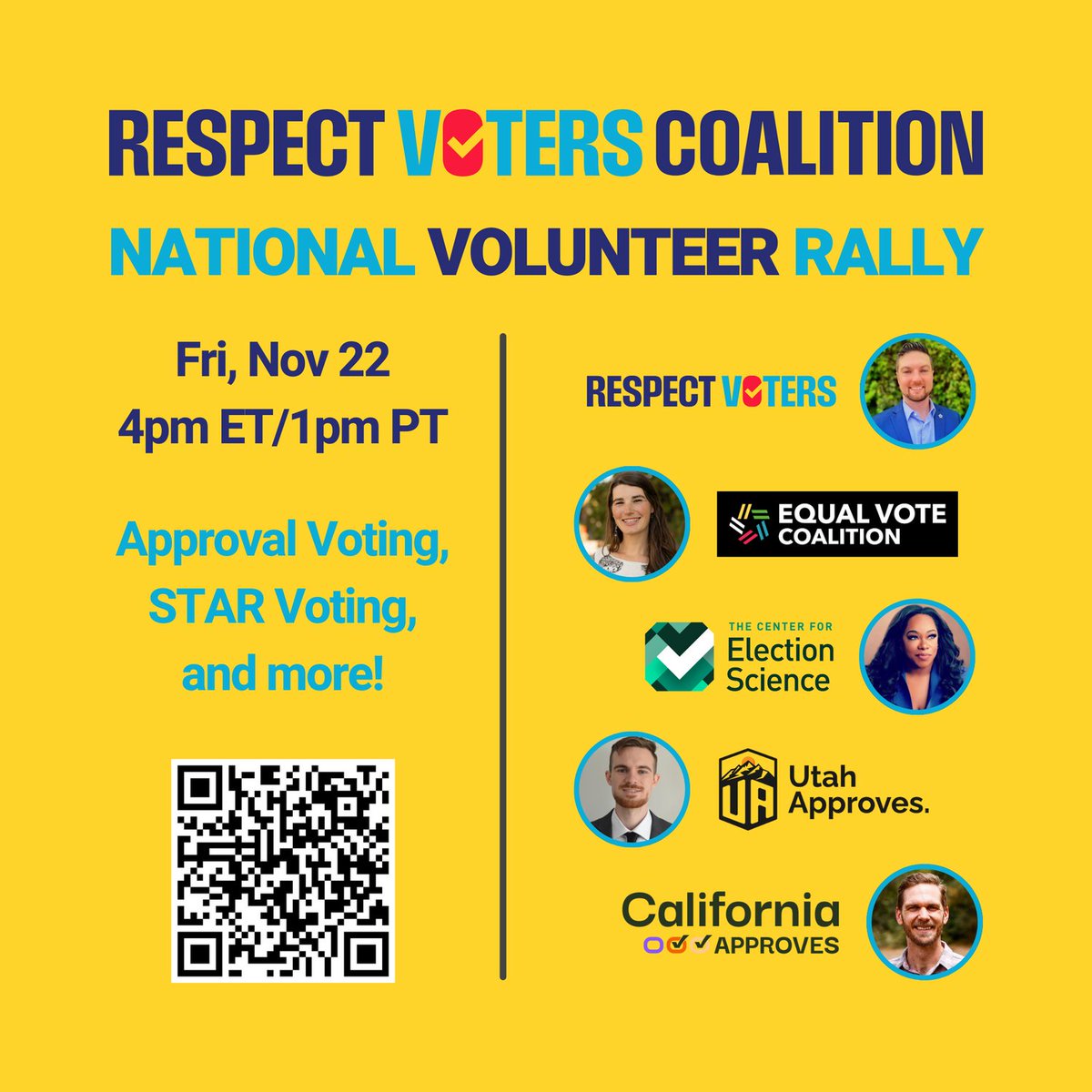 UtahApproves's tweet image. With the dust settling after the election, many are asking: What’s next?
Join us 11/22 @ 2pm MT to discuss next steps for Approval Voting. Our ED, Nate Allen, will be a featured speaker to talk about our work and how volunteers can get involved!
us06web.zoom.us/webinar/regist…