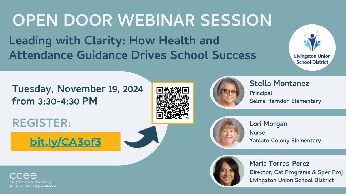 Attendance Works (@attendanceworks) on Twitter photo 🎉 Join the final session of the Chronic Absenteeism Bright Spots series! Learn how <a href="/LUSDHighlights/">Livingston Union School District</a> is improving school attendance through clear health & attendance guidance.
🗓 Nov 19, 3:30–4:30 PM
🔗 Register: bit.ly/CA3of3
#Education #SchoolAttendance #BrightSpots 🎉 Join the final session of the Chronic Absenteeism Bright Spots series! Learn how <a href="/LUSDHighlights/">Livingston Union School District</a> is improving school attendance through clear health & attendance guidance.
🗓 Nov 19, 3:30–4:30 PM
🔗 Register: bit.ly/CA3of3
#Education #SchoolAttendance #BrightSpots