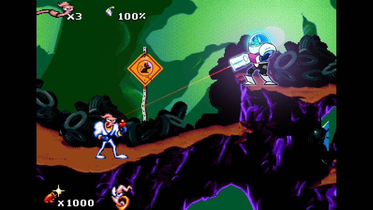 RasterRouser's tweet image. Our game was shown off for the first time in public a month ago, it was awesome getting feedback in person and talking to ppl about inspiration.

So many players said the game reminds them of #EarthwormJim !

... I have not played it 😬

Do you see the resemblance?👀 
#indiedev