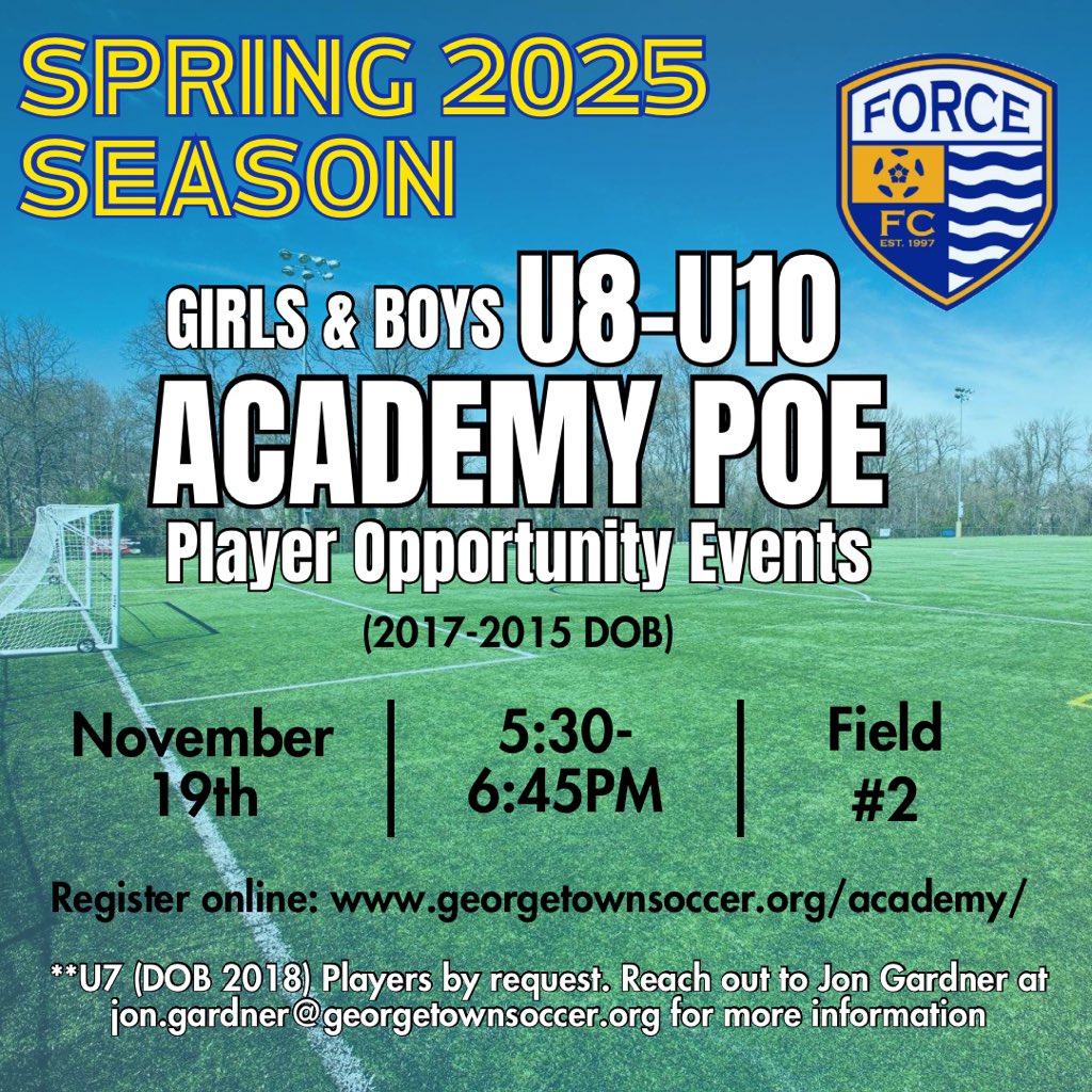 gsaforcefc's tweet photo. 🚨Tomorrow is the day!!! November 19th is our U8-U10 Academy Player Opportunity Event!

🗓️ November 19
⏰ 5:30-6:45PM
📍 GSA Field #2 https://t.co/4SeQInfRLs