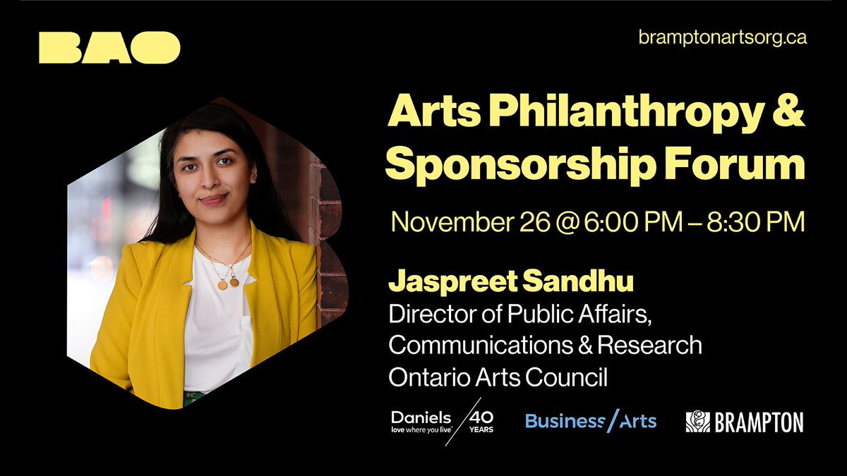The third panellist for the BAO Arts Philanthropy &amp; Sponsorship Forum is Jaspreet Sandhu, Director of Public Affairs, Communications &amp; Research at the  <a href="/ONArtsCouncil/">Ontario Arts Council/Conseil des arts de l'Ontario</a>. FREE registration …hropy-sponsorship-forum.eventbrite.ca/?aff=BAOtwitter #Brampton #BramptonArtist