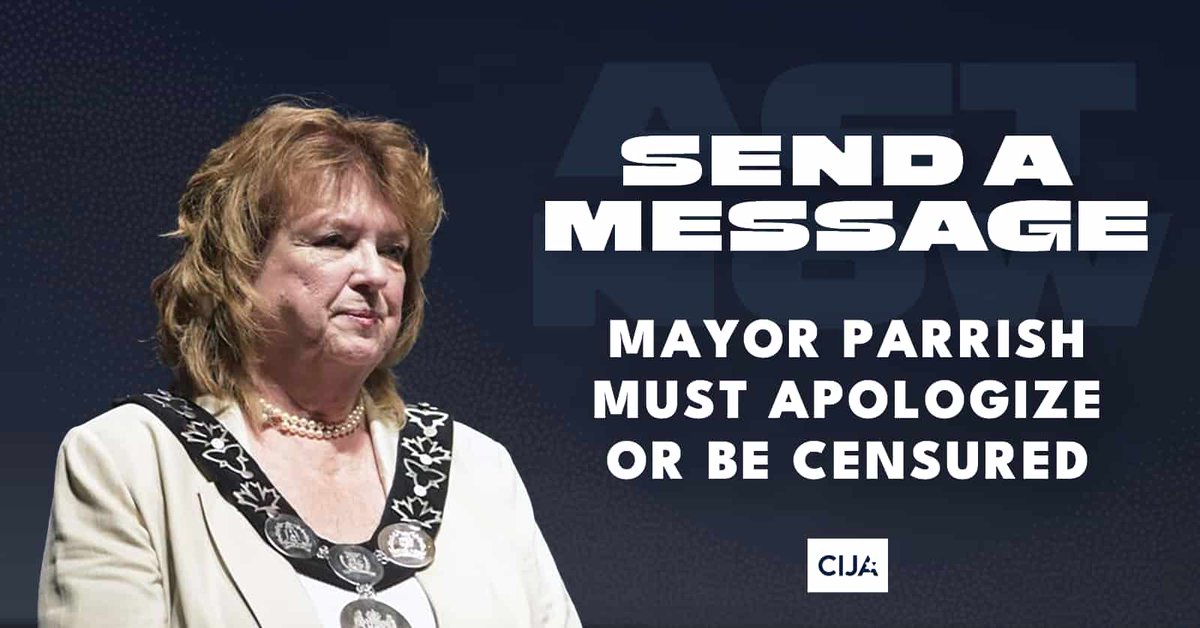 CIJAinfo's tweet photo. Mississauga Mayor @carolynhparrish's recent comparison between terrorist Yahya Sinwar and Nobel laureate Nelson Mandela, her dismissive attitude toward the concerns of the Jewish community about a planned vigil for Sinwar on city property, and her long history of highly offensive, anti-Zionist tweets all contradict Mississauga's values and tarnish its reputation. Send a message to @citymississauga City Councillors that this is not acceptable governance of a city.

Tell them that, if the Mayor does not apologize unreservedly by November 22, Mississauga City Council should move to censure the mayor until she recognizes the impacts of her words. Visit https://t.co/pTZNqrThEU to learn how.
