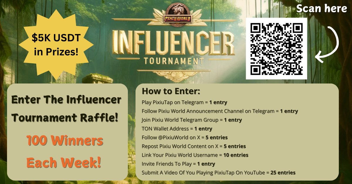 💥The Pixiu World Influencer Tournament is here!💥

Support your favorite creators for a chance to win spectacular prizes each week!

For more info, scan the QR code or visit: sweepwidget.com/c/pixiu