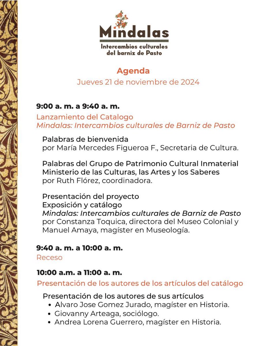 MADIS_UDENAR's tweet photo. 🚨⚠️🚨 ¡AGÉNDATE!🚨⚠️🚨
La MADIS en conjunto con la Secretaria de Cultura de Pasto y el Museo Colonialde Bogotá, invita, al lanzamiento del Catálogo "Mindalas: intercambios culturales del barniz de Pasto" este *jueves 21 de noviembre de 9:00 am a 5:00 pm
¡Los Esperamos! https://t.co/UXz9jBDCSg