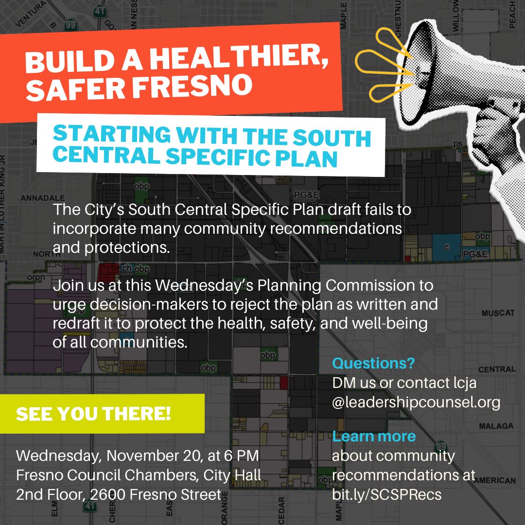 The <a href="/CityofFresno/">City of Fresno</a>’s South Central Specific Plan draft fails to adequately protect residents in South Central and beyond. Join us this Wednesday at 6PM for a public hearing at the Planning Commission to demand an updated plan that meets communities’ needs.