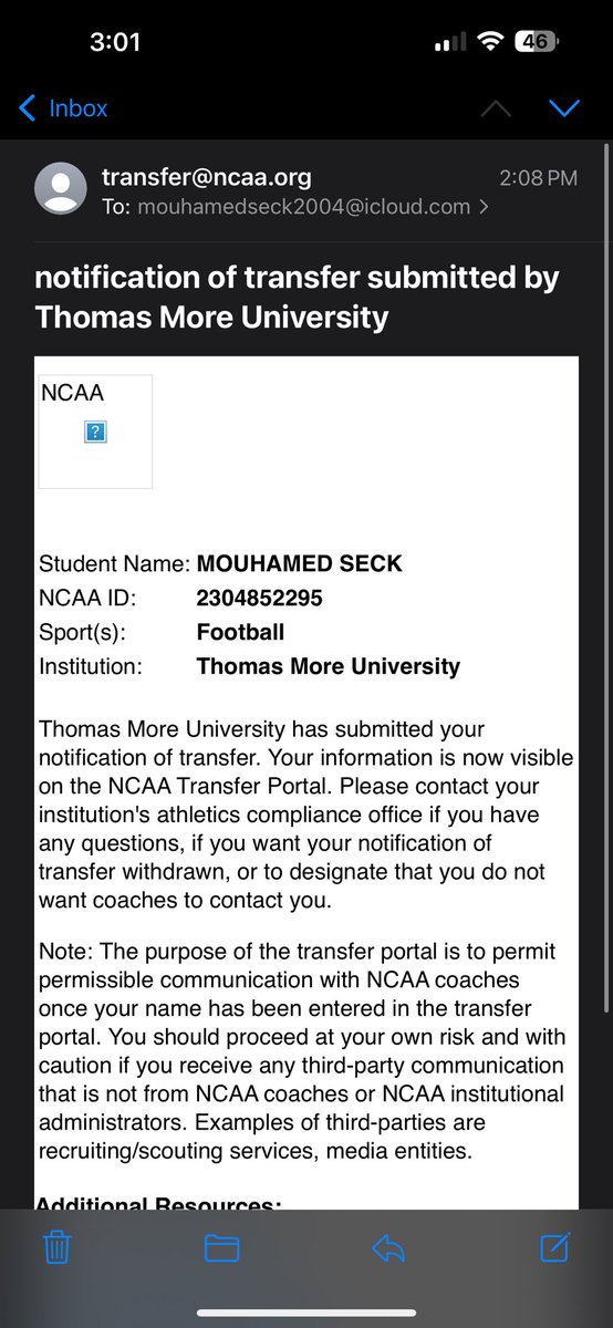 I’d like to thank Thomas more for giving me an opportunity to play college football with that being said I have entered the transfer portal with 2 years left of eligibility