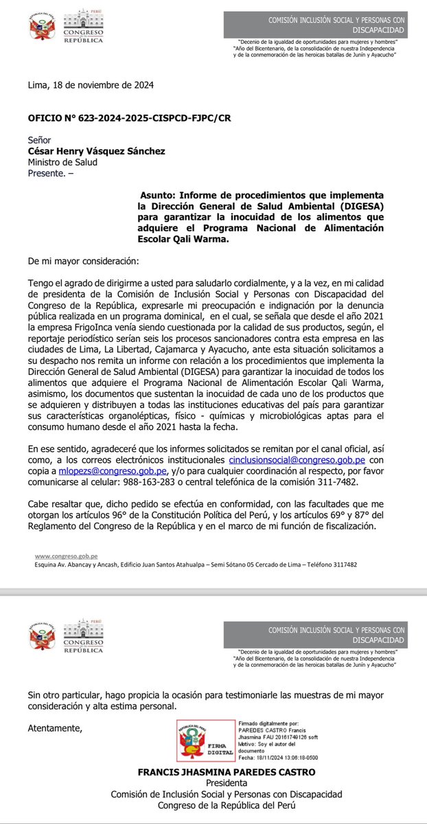 ComIncluSocial's tweet photo. La situación de @MidisQaliWarma  es insostenible. Se ha cursado un oficio al ministro @cvasquezsanchez solicitando remita un informe sobre los procedimientos que implementa Digesa para garantizar la inocuidad de los alimentos distribuidos en las instituciones educativas del país. https://t.co/mUcQImzJVo