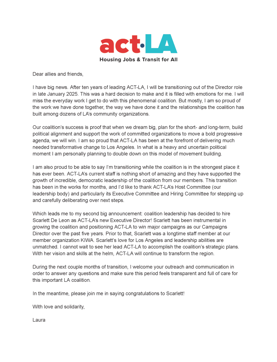 Announcement from ACT-LA Executive Director Laura Raymond