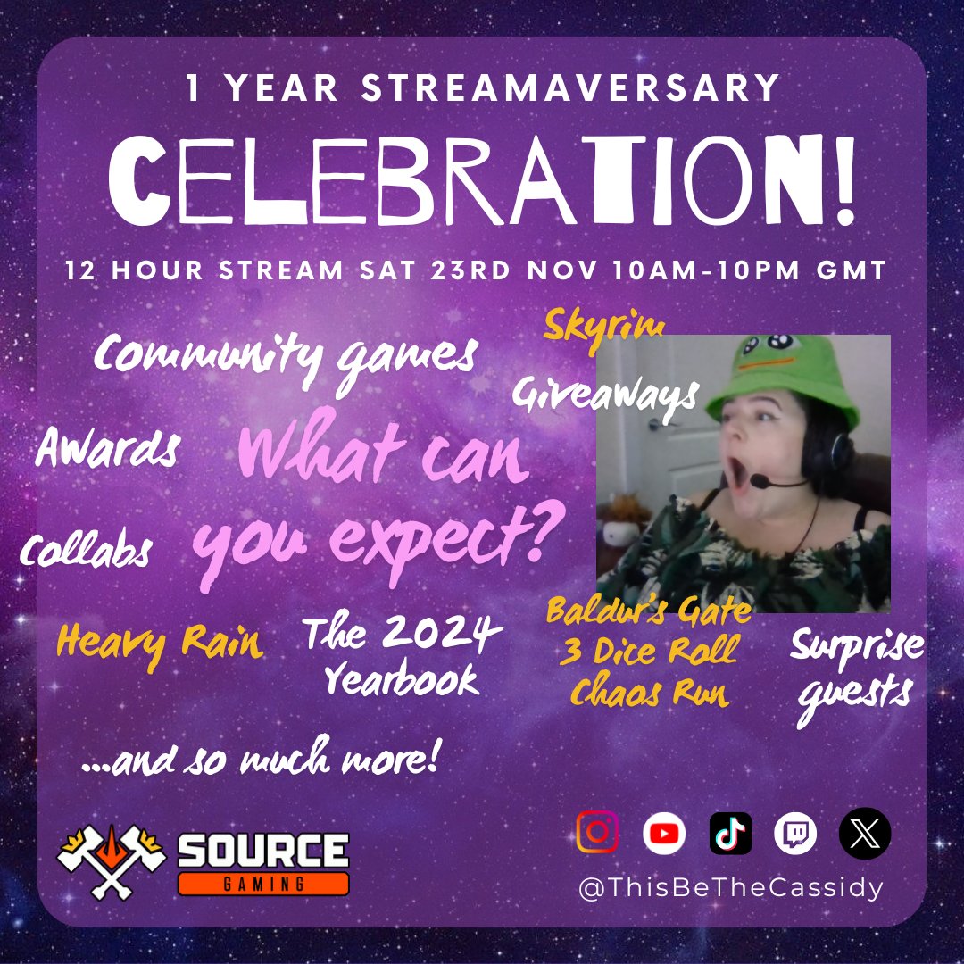 I AM BEYOND EXCITED TO OFFICIALLY SHARE THIS WITH YOU ALL!!! 🤯 This Saturday (23rd Nov) from 10am to 10pm GMT, we celebrate our 1 year Streamaversary! 🥳 Join us live at twitch.tv/thisbethecassi… for community games, giveaways and SO MUCH MORE! Let's celebrate #ThisBeTheCommunity!
