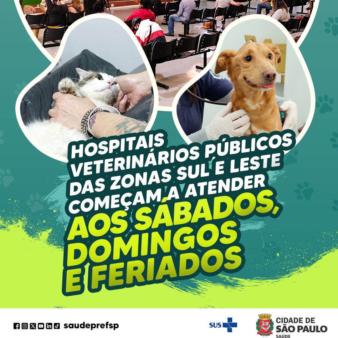 Debyvj's tweet image. 🐾 O atendimento nos Hospitais Veterinários Públicos das zonas sul e leste foi ampliado para atender também aos sábados, domingos e feriados, das 7h às 17h, nos casos de urgência e emergência.

Saiba mais: capital.sp.gov.br/web/saude/w/ho…

#SaúdeAnimal #HospitalVeterinario #SaudePrefSP,