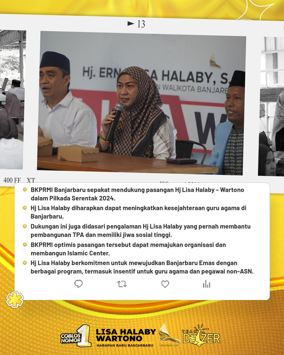 bjbbersinar's tweet photo. BKPRMI sepakat dukung calon walikota dan calon wakil walikota Banjarbaru Hj.Lisahalaby - Wartono, bersama kita menuju harapan baru Banjarbaru!
#banjarbarubersinar #HjErnaLisaHalaby #ErnaLisaHalaby #timdozer #banjarbaru #muhidinhasnur #banjarbaruemas #kalimantanselatan https://t.co/yVxHaymlTH