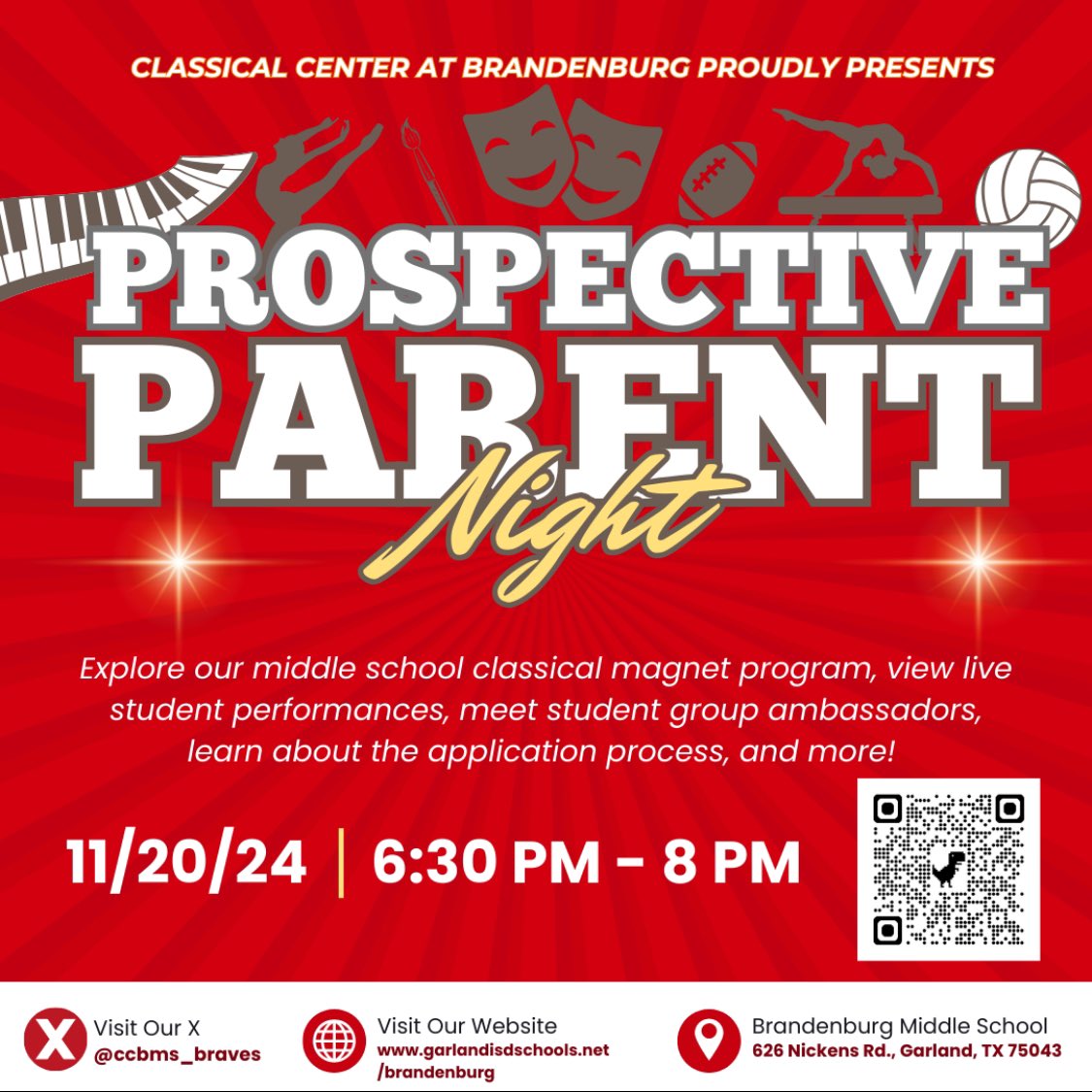 Brandenburg invites 5th grade students/parents to our Prospective Parent Night on Wednesday, November 20th at 6:30 PM. Brandenburg has exceptional fine arts, academics, athletics, and more! #ChooseBrandenburg #BeBrave <a href="/gisdmagnets/">GISD Magnet Programs</a> <a href="/gisdnews/">Garland ISD</a> <a href="/GISDArts/">GISD Fine Arts</a> <a href="/gisdengagement/">Family and Community</a>