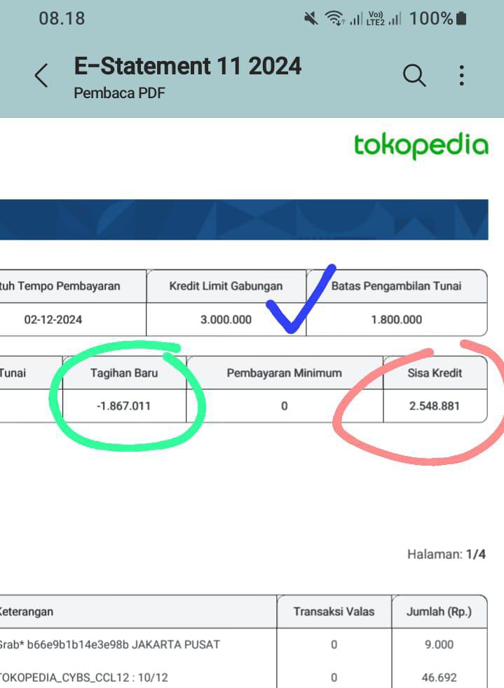 halo <a href="/BANKBRI_ID/">BANK BRI</a> ini kenapa tagihan di tokopedia card saya bisa minus 1,8jt ?? padahal limit tersedia masih 2,5jt dan maks limit cuma 3jt saja.. mohon kejelasannya