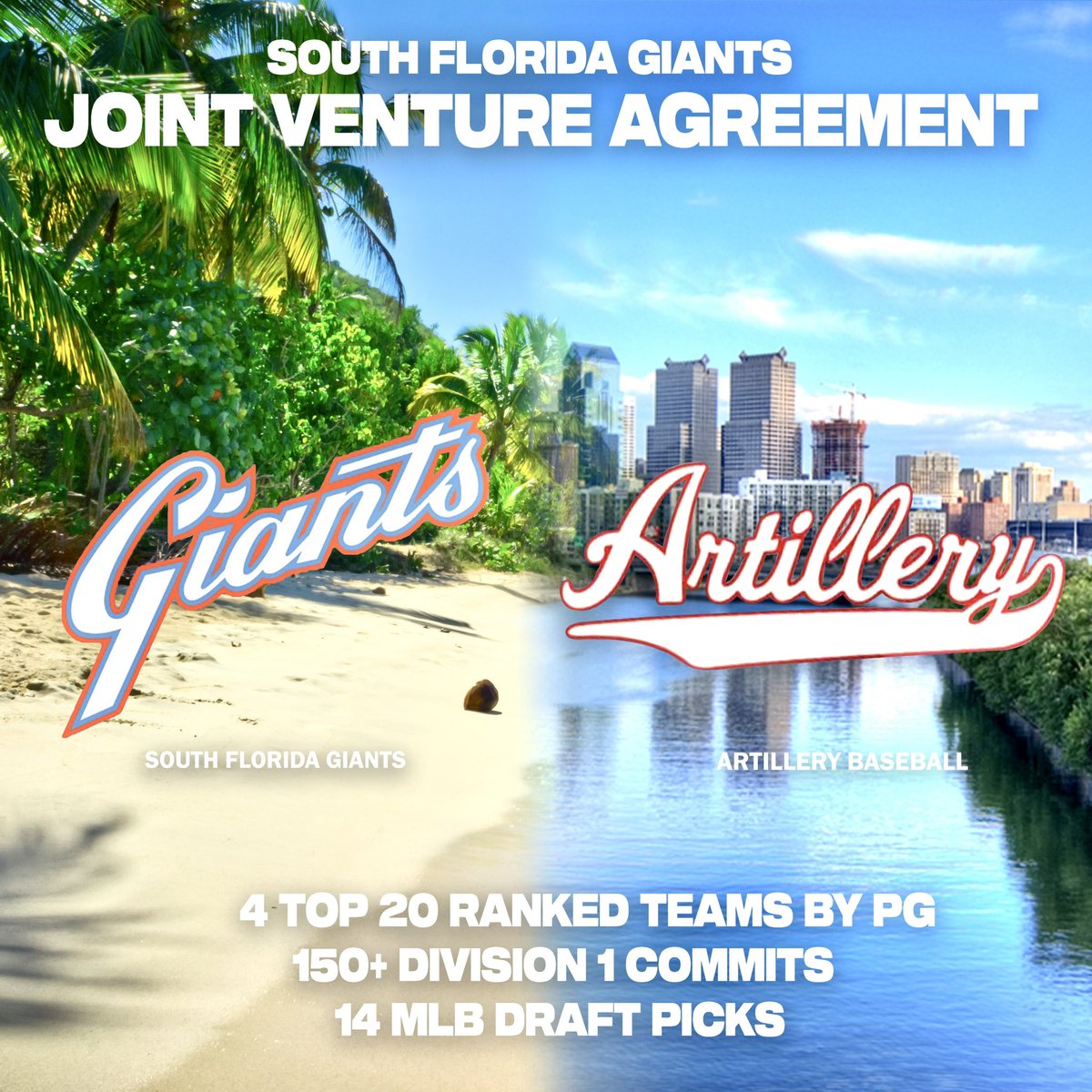 The Giants organization is proud to enter a joint venture agreement with Artillery Baseball. The Giants and Artillery Baseball will be collaborating on various events and opportunities that will benefit both sides. #begiant #beartillery 🌴🔥☀️