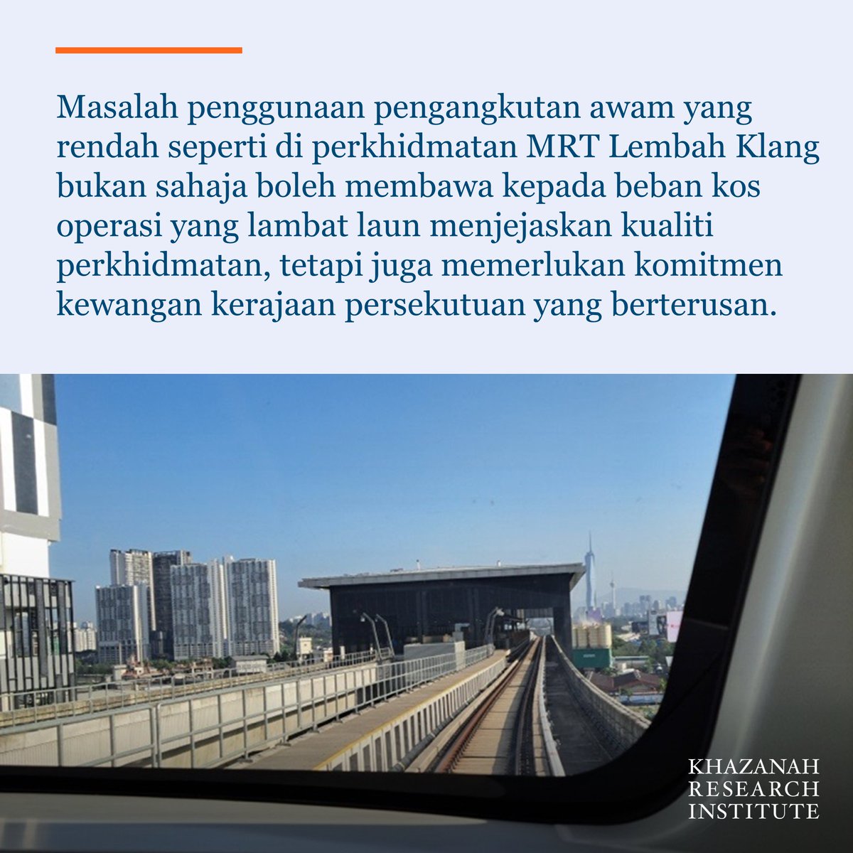 KRInstitute's tweet photo. Kehidupan  metropolitan di Lembah Klang yang sesak memerlukan infrastruktur  pengangkutan awam seperti sistem mass rapid transit (MRT). 

Selain cabaran perancangan pembinaannya yang kompleks, tahap penggunaan pengangkutan awam seperti MRT yang rendah perlu diurus agar manfaatnya dapat dijana sepenuhnya.

Baca rencana #KRI terkini bertajuk ‘Arteri Kota: Kepentingan dan Cabaran Sistem Pengangkutan Awam di Lembah Klang’ oleh Muhammad Nazhan Kamaruzuki dan Shukri Mohamed Khairi di pautan di sini: https://t.co/I6E1OkLXDp

#KhazanahResearchInstitute #KRI #AdvancingMalaysia #ArteriKota