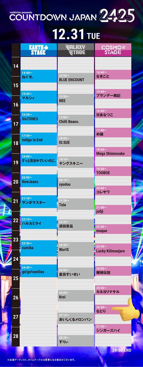 TT公開】 12/31になとりが出演するCOUNTDOWN JAPAN のタイムテーブルが