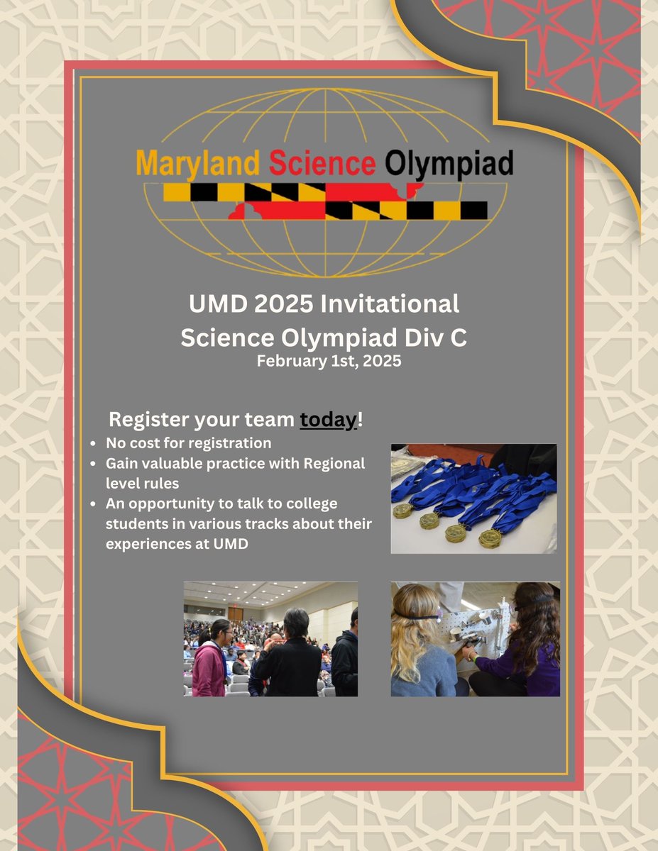 The UMD College Park club has announced their invitational for February 1, 2025!

Check our email distribution for full tournament details: scilympiad.com/data/org/md/pu…