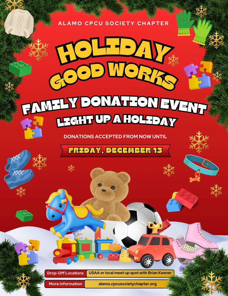 AlamoCPCUs's tweet photo. It's the most wonderful time of the year - to donate to a family in need!  Help us give back with our Good Works event for the holiday season.  Check your email  or the chapter website for donation details. https://t.co/tL7Os07gvc