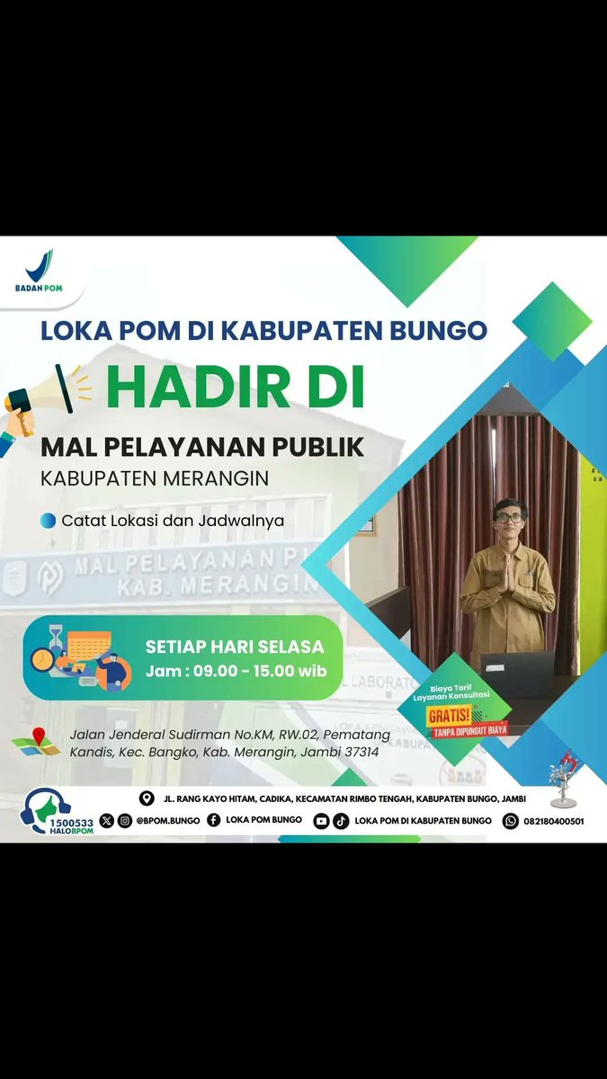 bpombungo's tweet photo. Loka POM di Kabupaten Bungo kami Hadir di Mal Pelayanan Publik (MPP) Kab. Merangin setiap Hari Selasa pada jam 09.00 - 15.00 WIB dengan jenis layanan :
1. Pengaduan dan Permintaan Informasi Obat dan Makanan
2. Layanan Izin Penerapan Cara Produksi Pangan Olahan yang Baik (CPPOB) https://t.co/FmrPacCdCR
