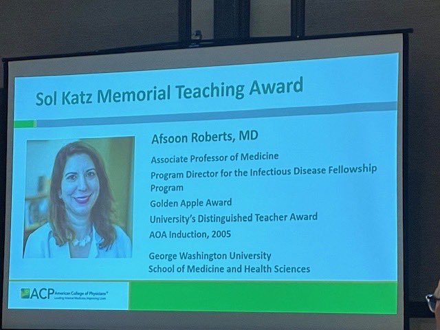 We are proud to to share that our PD, Afsoon Roberts, received the ACP DC Chapter 2024 Sol Katz Teaching Award, recognizing excellence in teaching during her career. Dr. Roberts has been instrumental in training and mentoring ID fellows for more than 20 years. Congratulations!💙