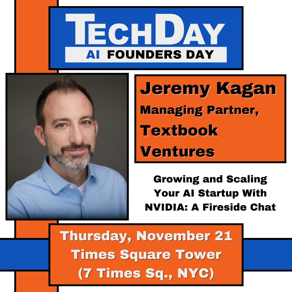 Get the growth and scaling advice you've always needed from Chris Brown of <a href="/nvidia/">NVIDIA</a> and <a href="/KaganJ/">Jeremy Kagan 🇺🇸</a> of Textbook Ventures in “Growing and Scaling Your AI Startup With NVIDIA: A Fireside Chat”

Last chance for tickets to #TechDay #AI Founders Day! 

Register now: lu.ma/6bmnoex9