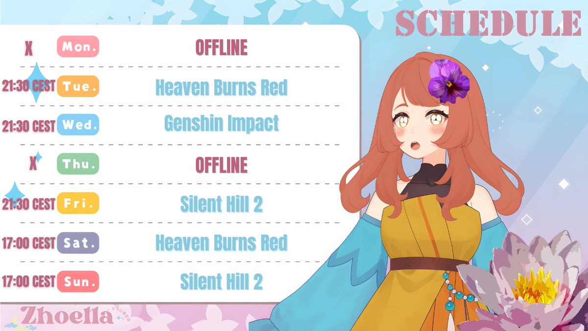 ZhoellaVtuber's tweet photo. 🍁MY WEEKLY SCHEDULE🍁

- Have a good week everyone, it's starting to get really cold at my place! brrr 🥶❄️

#Vtuber #VTuberUprising #SilentHill #Genshin #HBR https://t.co/ajfwCc3iDJ
