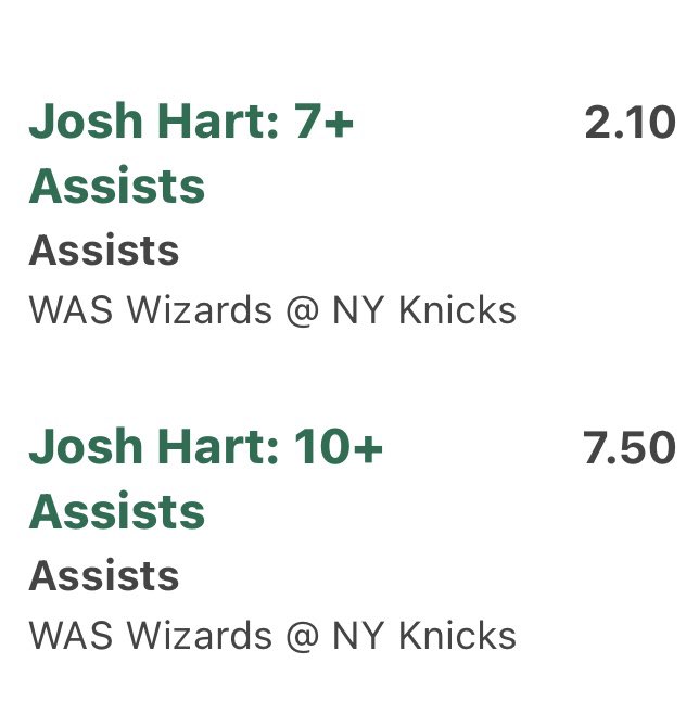 Josh Hart Assists

2.10, 7.50

1.25u, 0.5u