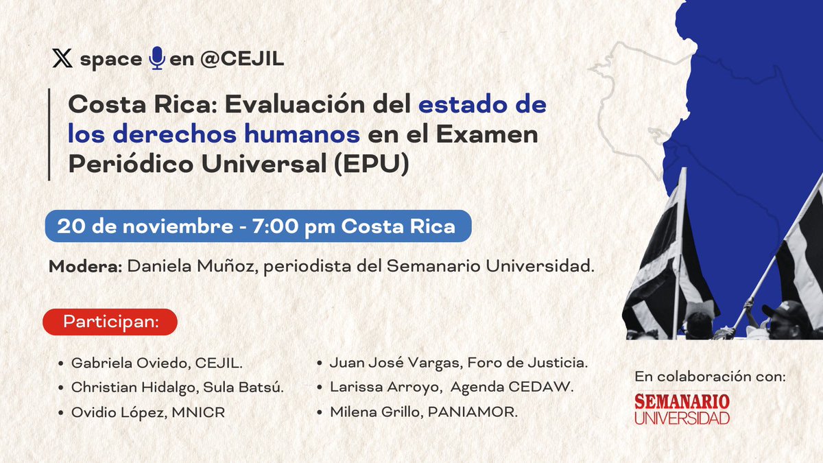 #Space 🎙️| En materia de derechos humanos ¿Costa Rica pasa o se queda?. Conversamos en vivo con representantes de @paniamor, <a href="/SulaBatsu/">Sulá Batsú</a>, <a href="/cr_foro/">Foro de Justicia</a>, <a href="/LarissaArroyoCR/">Larissa Arroyo</a>, <a href="/MesaIndigena/">Mesa Nacional Indigena de Costa Rica</a> y @CEJIL. Modera Daniela Muñoz de <a href="/SemanarioU/">Semanario Universidad</a>
Sumáte a la conversación y #PoneleNota🇨🇷