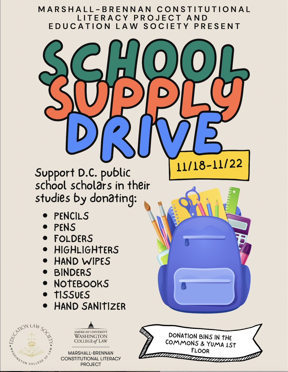 Please consider supporting D.C. public high school scholars by donating school supplies to support them in their studies. This donation drive will run from 11/18 to 11/22 and donation bins can be found in the Commons and on the 1st floor of the Yuma building.