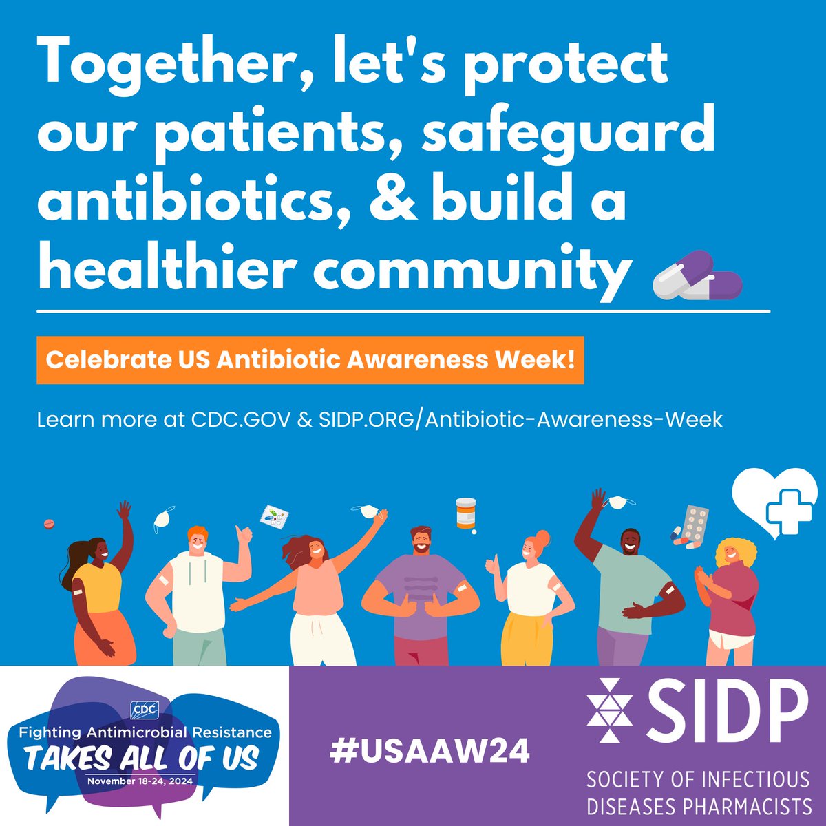 We're excited to kick off @cdc_AR Antibiotic Awareness Week! We recognize the need to fight Antimicrobial Resistance &amp; celebrate the work of ASP/ID clinicians &amp; researchers
Join us this #USAAW24 as we share insight &amp; hold virtual discussion on how the Fight vs AR Takes All of Us!