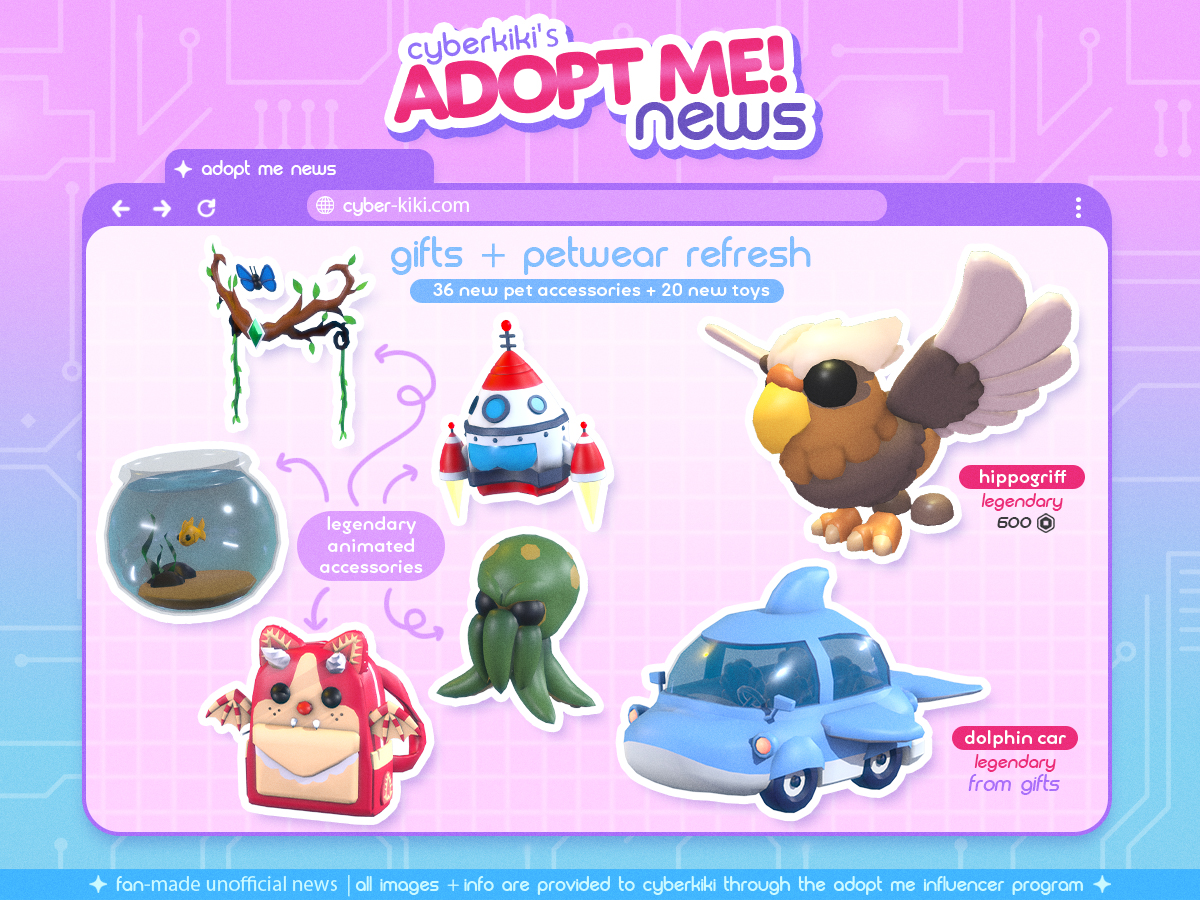 cyberkikii's tweet photo. 🌐 ADOPT ME NEWS 🌐
We're getting a huge pet wear and gift refresh! 🎁 There will be 36 NEW pet accessories and 20 NEW gift items including the legendary Dolphin Car. 🐬 The legendary Hippogriff will be available for 600 Robux, too!
#AdoptMe #AdoptMeNews